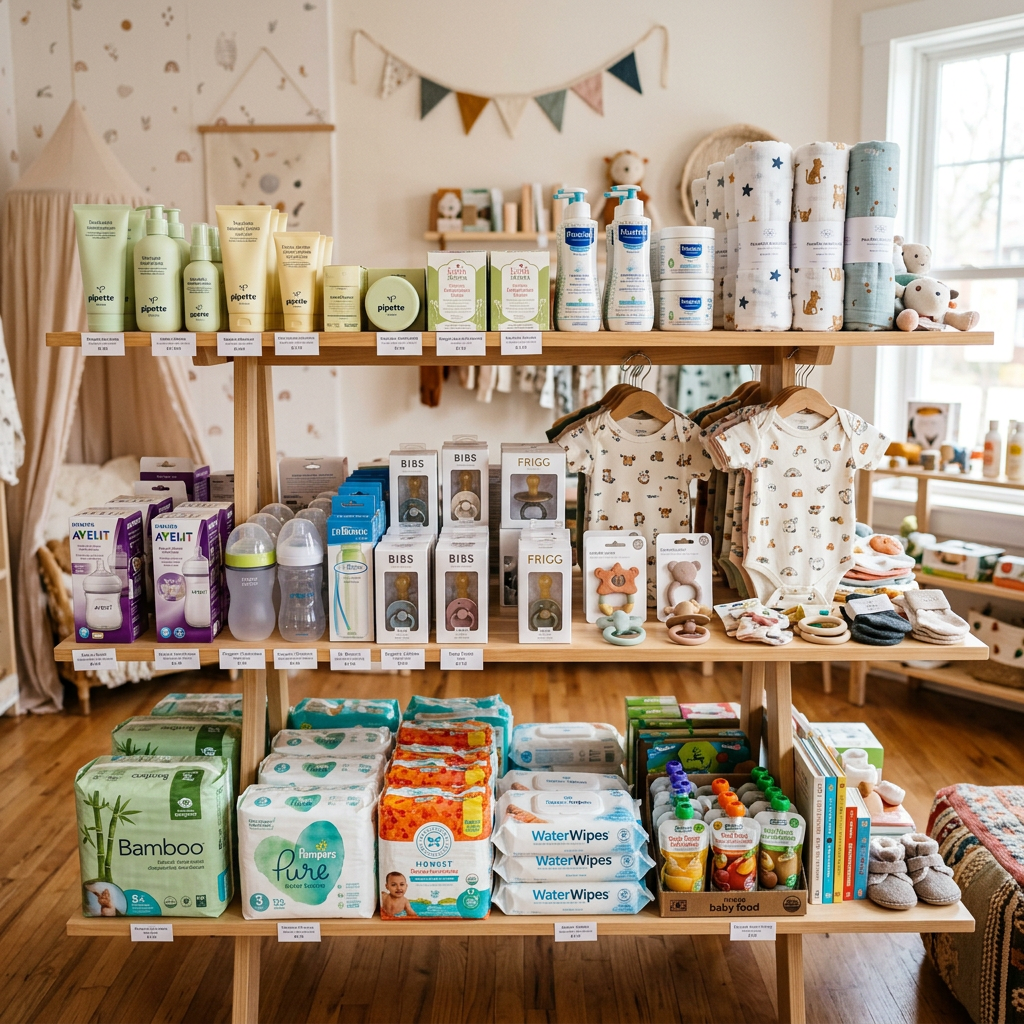 Shelves with baby skincare, bottles, pacifiers, onesies, diapers, wipes, baby food, and toys
